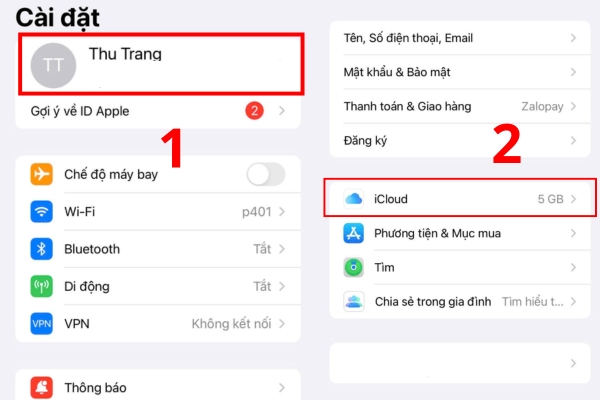 Vào cài đặt nhấn vào iCloud