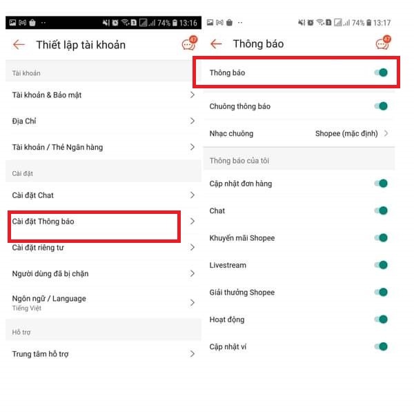 Gạt sang trái để tắt tại mục Thông báo 