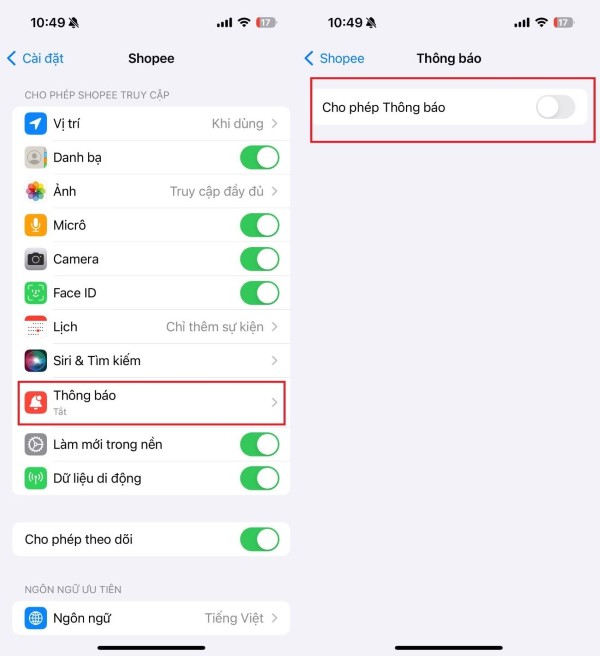Tắt mục Cho phép thông báo