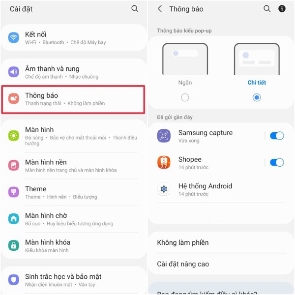 Gạt nút Cho phép thông báo sang trái