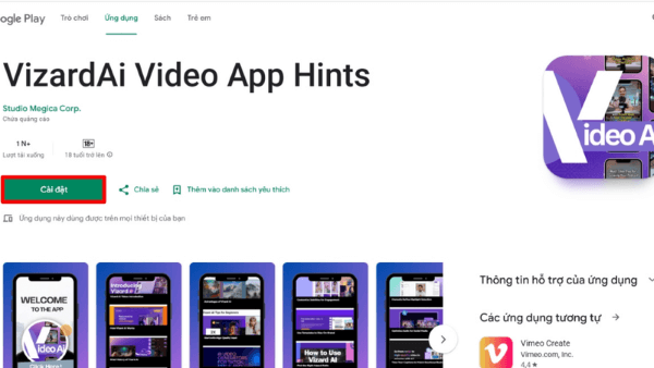 Tìm kiếm “Vizard AI” → nhấn nút Cài đặt 