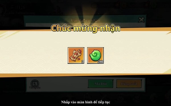 Màn hình hiển thị thông báo nhận thưởng