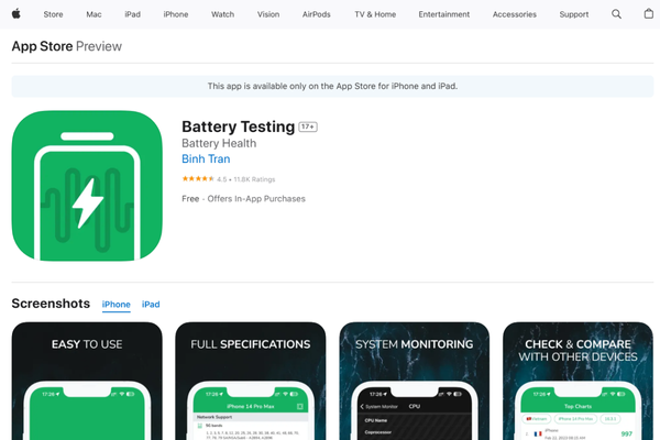 Tải ứng dụng Battery Testing từ App Store