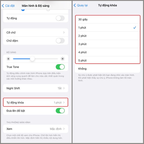 Nhấn vào mục “Tự động khóa” 