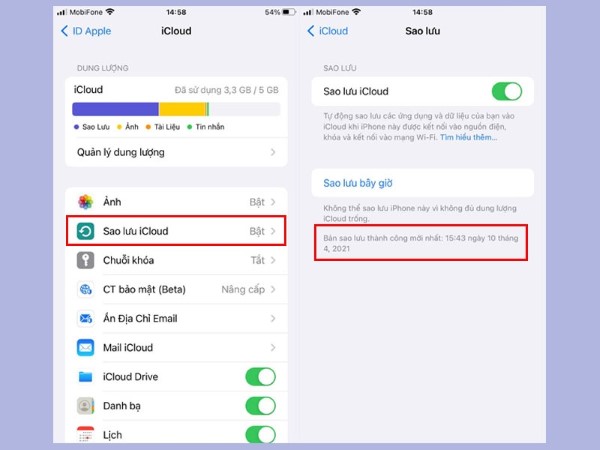 Bật Sao lưu iCloud
