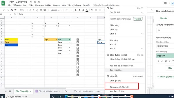 Chọn Định dạng có điều kiện