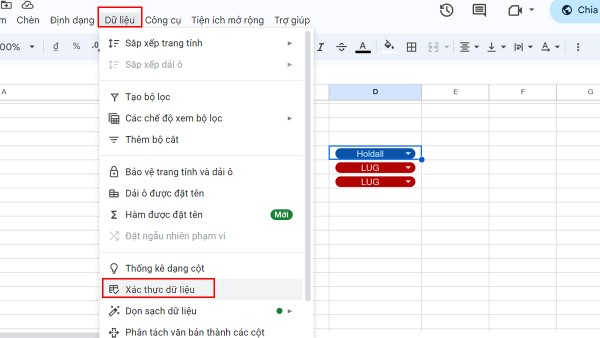 Chọn Dữ liệu → Xác thực dữ liệu