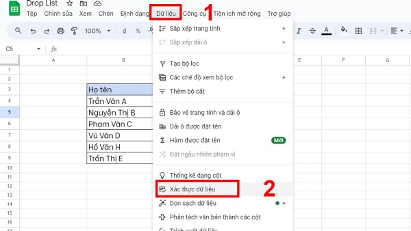 Chọn Dữ liệu → Xác thực dữ liệu