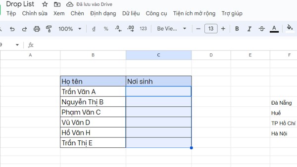 Chọn các ô muốn tạo danh sách