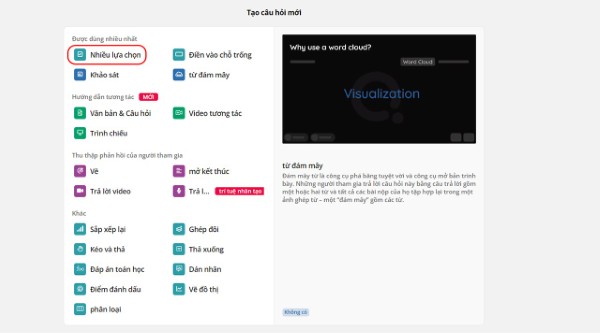 Chọn dạng câu hỏi Nhiều lựa chọn 
