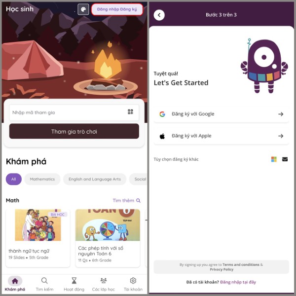 Chọn mục Đăng nhập/Đăng ký