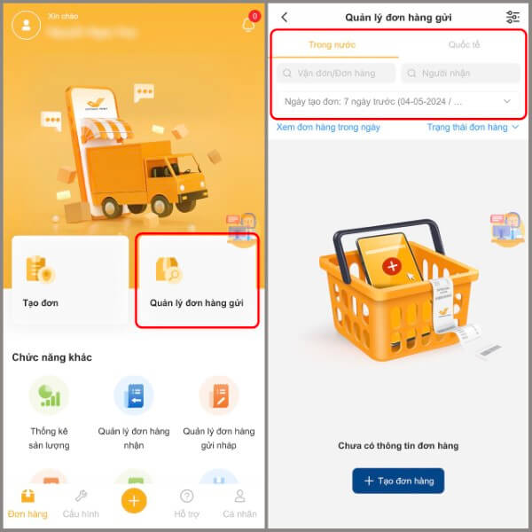Chọn “Quản lý đơn hàng gửi” và nhập thông tin đơn hàng