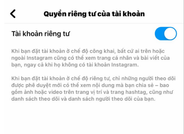 Chọn bật chế độ Tài khoản riêng tư