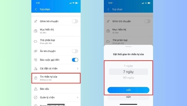 Thiết lập thời gian muốn xóa tin nhắn