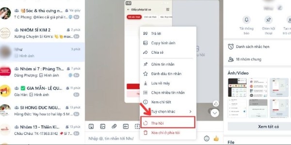 Nhấn chuột phải vào tin nhắn → Chọn Thu hồi