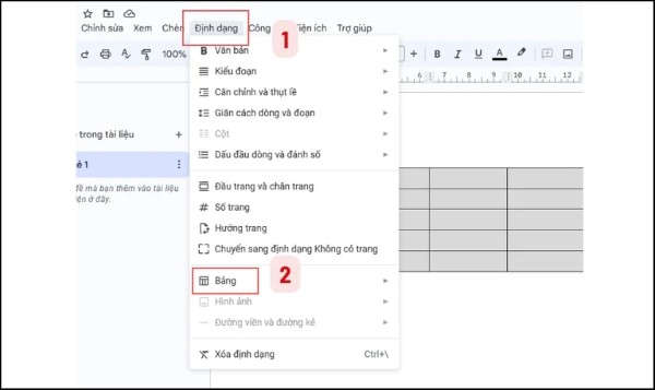 Chọn Định dạng → chọn Bảng 