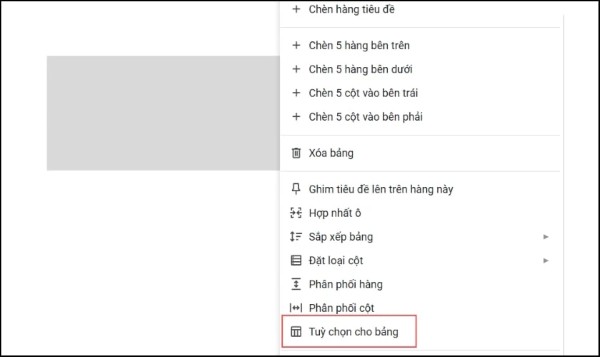 Nhấn chuột phải → chọn Tùy chọn cho bảng