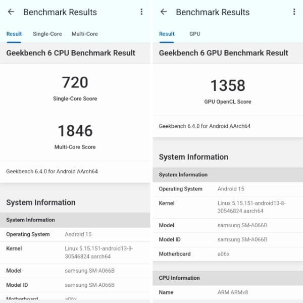 Galaxy A06 5G trên Geekbench 6 đạt 720 điểm đơn nhân và 1.846 điểm đa nhân