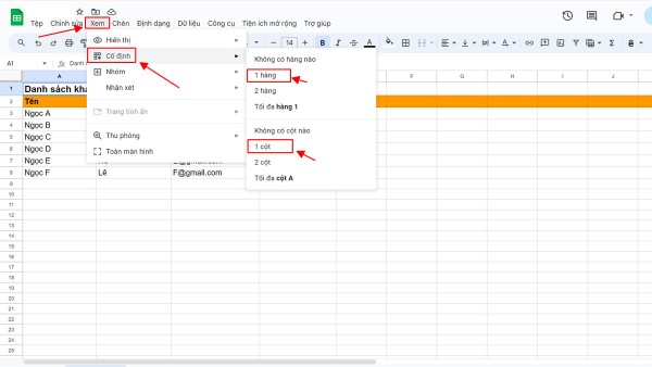 Chọn Xem → nhấn vào Cố định