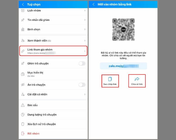 Chọn mục Link tham gia nhóm và sao chép đường link hoặc lưu mã QR