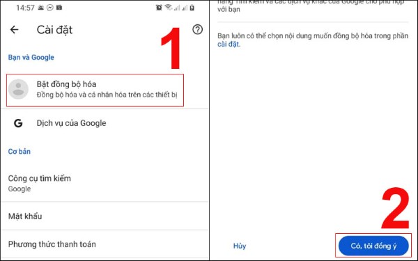 Nhấn Bật đồng bộ hóa