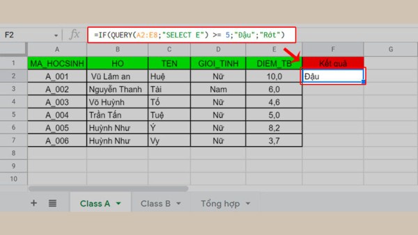Công thức kết hợp hàm QUERY với IF