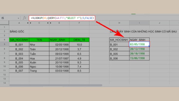 Công thức kết hợp hàm QUERY với VLOOKUP