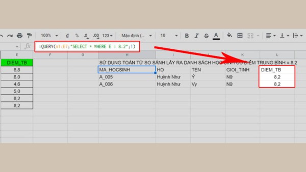 Nhập công thức: =QUERY(A1:E7, "SELECT * WHERE E = 8.2", 1)