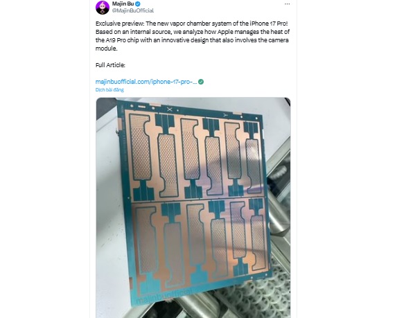 Hình ảnh rò rỉ từ leaker Majin Bu về một bộ phận buồng hơi được cho là của iPhone