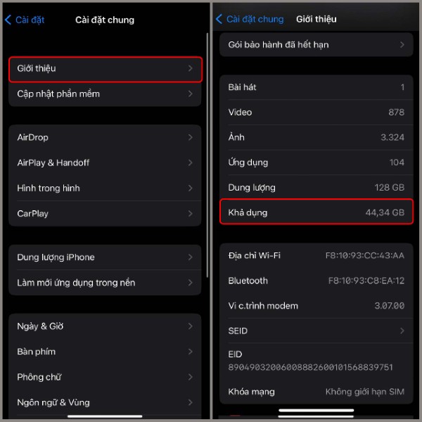 Xem thông tin tại mục Dung lượng