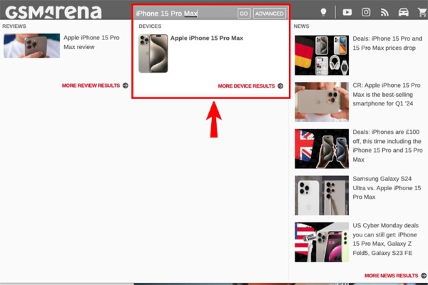 Truy cập trang GSMArena.com và nhập tên điện thoại cần tìm