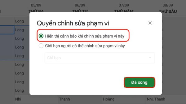 Chọn Hiển thị cảnh báo khi chỉnh sửa phạm vi này