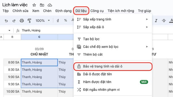 Chọn Dữ liệu → Bảo vệ trang tính và dải ô