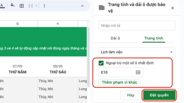 Chọn Ngoại trừ một số ô nhất định → nhấn Đặt quyền