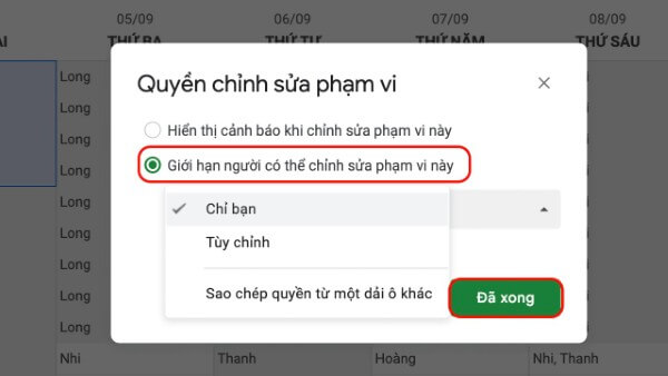 Chọn Giới hạn người có thể chỉnh sửa phạm vi này