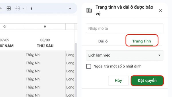 Chọn Trang tính → Đặt quyền