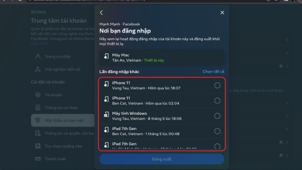 Kiểm tra danh sách thiết bị cùng địa điểm đăng nhập