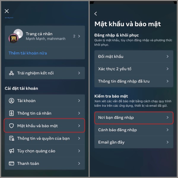 Chọn mục Nơi bạn đăng nhập
