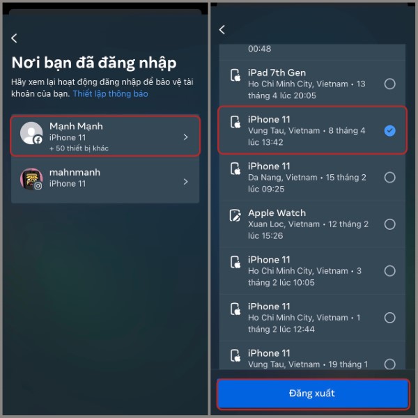 Chọn Tài khoản của bạn và chọn thiết bị muốn đăng xuất