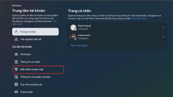 Chọn tiếp Mật khẩu và bảo mật