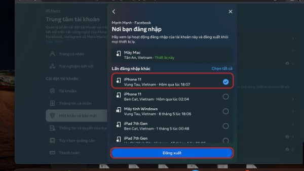 Nhấp vào thiết bị muốn đăng xuất