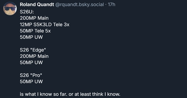 Theo leaker Roland Quandt, Galaxy S26 Ultra vẫn sử dụng cảm biến chính 200MP