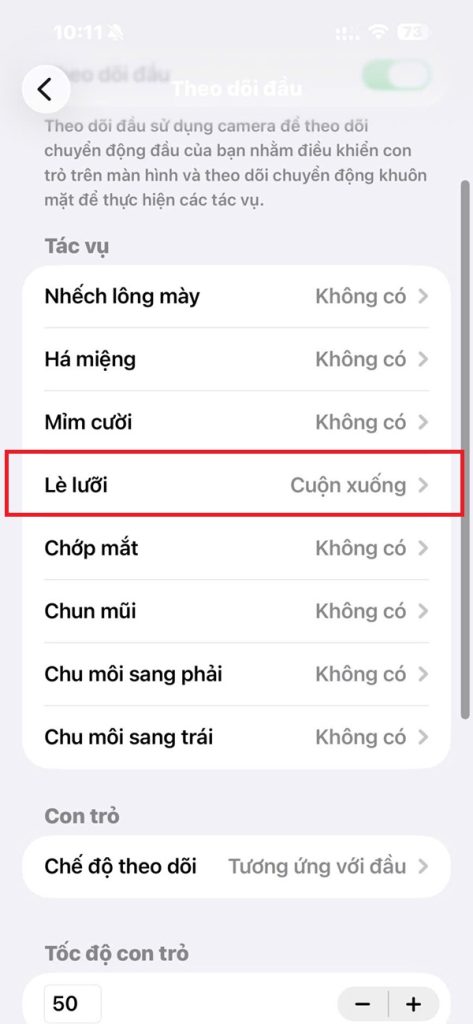 Bấm chọn tính năng Lè lưỡi hoặc các cử chỉ khác trong danh sách theo ý muốn