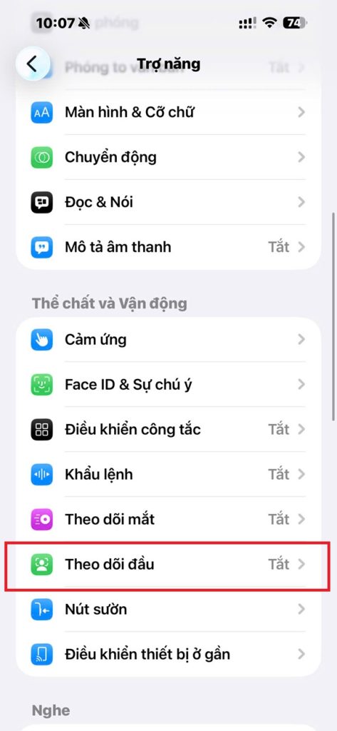 Kích hoạt tính năng Theo dõi đầu. trong mục Trợ năng
