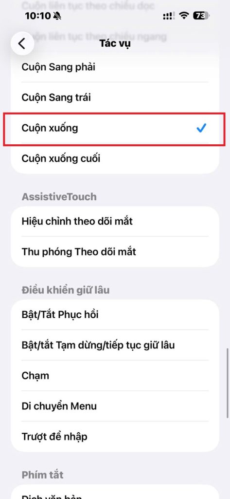 Thiết lập cử chỉ Lè lưỡi với tác vụ Cuộn xuống