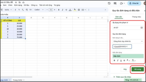 Nhập công thức tô màu toàn bộ dòng chứa dữ liệu trùng