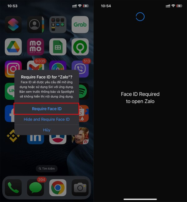 Chọn Require Face ID và quét khuôn mặt theo hướng dẫn để mở ứng dụng