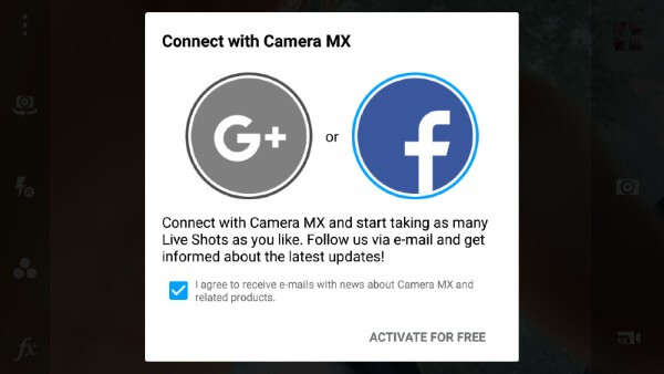 Camera MX có thể yêu cầu đăng nhập Google hoặc Facebook để kích hoạt đủ tính năng