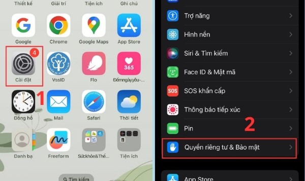 Mở Cài đặt → chọn Quyền riêng tư & Bảo mật