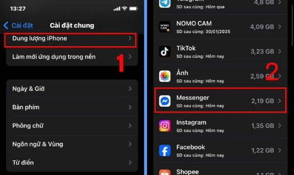 Chọn Dung lượng iPhone > tìm Messenger